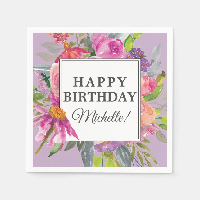 Garden Purple Pink Floral Happy Birthday Party Napkin (Front)