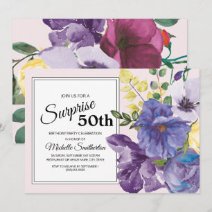 Garden Purple Yellow Pink Floral 50th Birthday Invitation