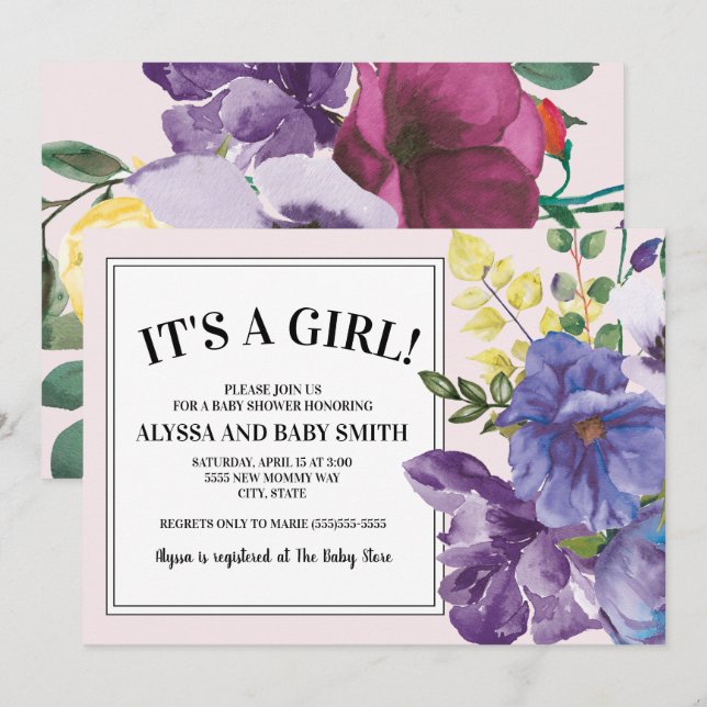 Garden Purple Yellow Pink Floral Girl Baby Shower Invitation (Front/Back)