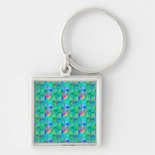 Garden Quilt Painting with Hydrangea and Blues Key Ring