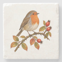 Garden Robin among Red Autumn Rose Hips Stone Coaster