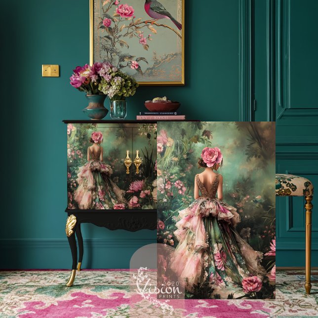 Garden Romance Bouffant Elegant Lady Portrait  Tissue Paper (Garden Romance, Elegant Bouffant Portrait & Ethereal Floral Art Decoupage Tissue Paper.)