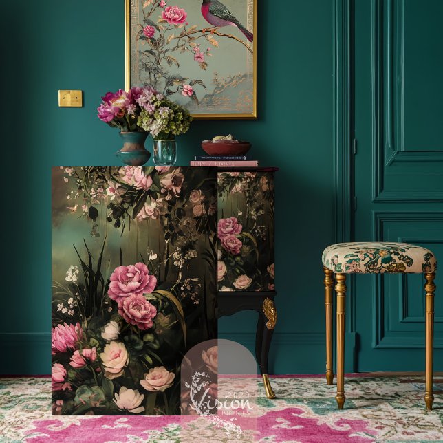 Garden Romance, Ethereal Floral Garden Tissue Paper (Garden Romance, Ethereal moody green Floral scene with pink flowers, furniture decoupage tissue)