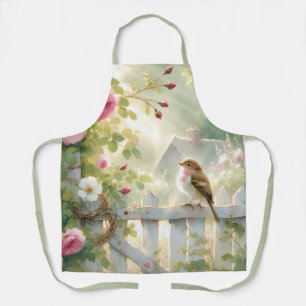 Garden Rose Bird Watercolor Scene Apron