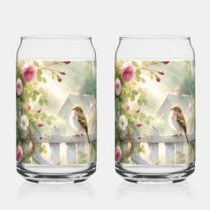Garden Rose Bird Watercolor Scene Can Glass