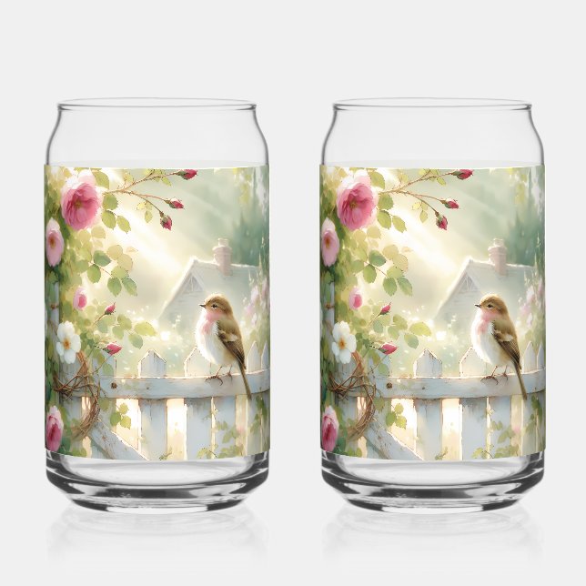 Garden Rose Bird Watercolor Scene Can Glass (Front)