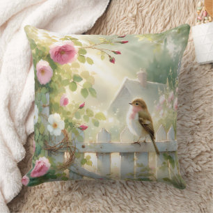 Garden Rose Bird Watercolor Scene Cushion