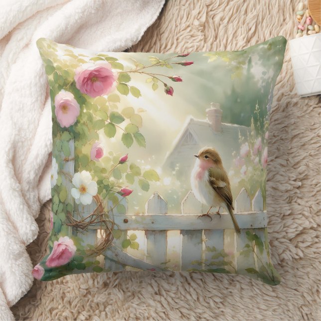 Garden Rose Bird Watercolor Scene Cushion (Blanket)