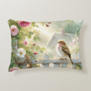 Garden Rose Bird Watercolor Scene Decorative Cushion