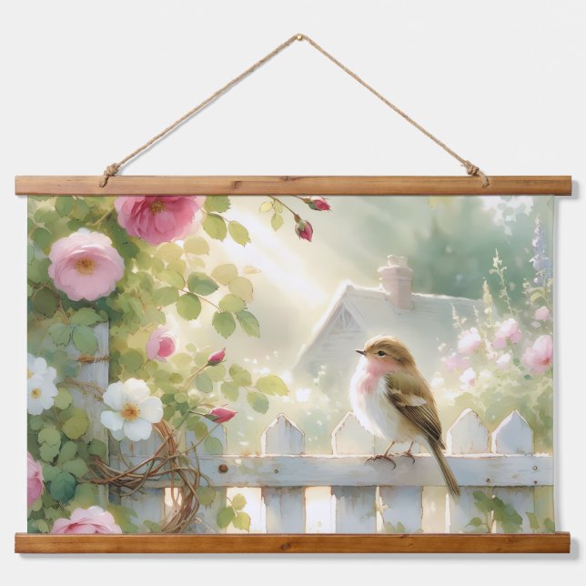 Garden Rose Bird Watercolor Scene Hanging Tapestry (Front)
