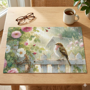 Garden Rose Bird Watercolor Scene Jigsaw Puzzle