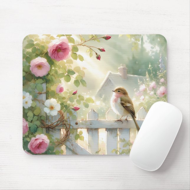 Garden Rose Bird Watercolor Scene Mouse Mat (With Mouse)