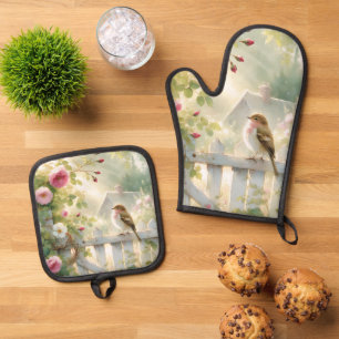 Garden Rose Bird Watercolor Scene Oven Mitt & Pot Holder Set