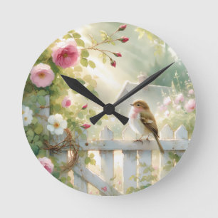 Garden Rose Bird Watercolor Scene Round Clock
