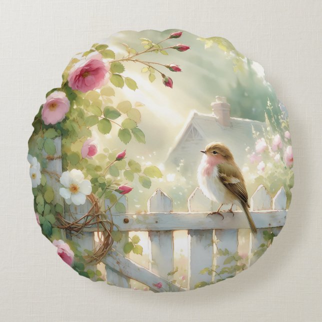 Garden Rose Bird Watercolor Scene Round Cushion (Front)