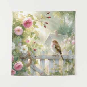 Garden Rose Bird Watercolor Scene Tapestry