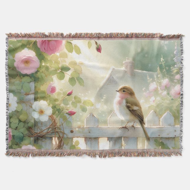 Garden Rose Bird Watercolor Scene Throw Blanket (Front)