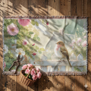 Garden Rose Bird Watercolor Scene Throw Blanket