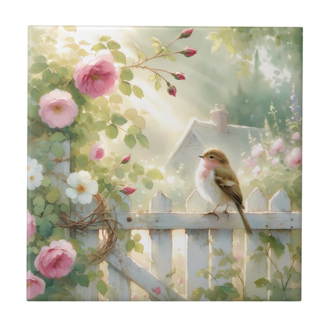 Garden Rose Bird Watercolor Scene Tile (Front)