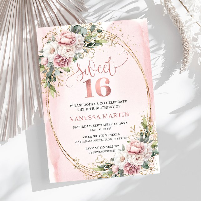 Garden Rose Gold Flowers and Greenery Sweet 16  Invitation (Garden Rose Gold Flowers and Greenery Sweet 16 Invite)