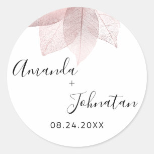 Garden Rose Gold Leaf Name Date White Blush Simply Classic Round Sticker