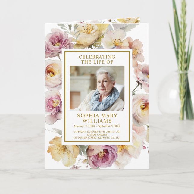 Garden Rose Photo Memorial Funeral Programs Card (Front)