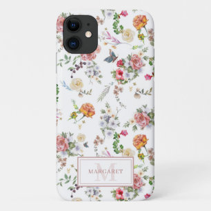 Garden Rose Pink Floral Watercolor Monogrammed Cas iPhone 11 Case