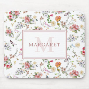 Garden Rose Pink Floral Watercolor Monogrammed Mouse Mat