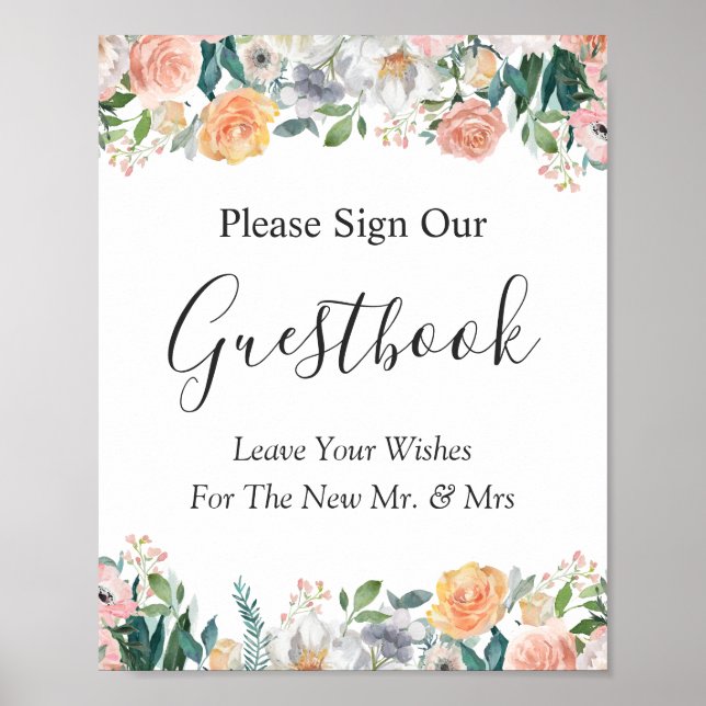 Garden Roses Floral Wedding Guestbook Sign (Front)