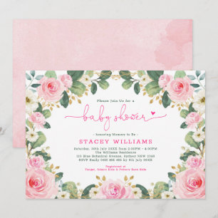 Garden Roses Hot Pink Floral Greenery Baby Shower Invitation