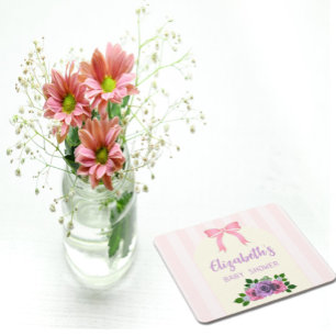 Garden Roses Pink Baby Shower Square Paper Coaster