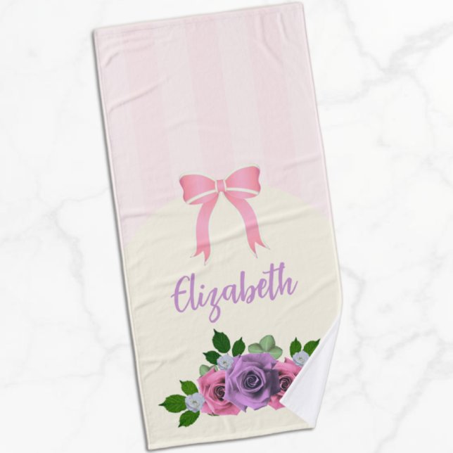 Garden Roses Pink Stripes Bath Towel (Creator Uploaded)
