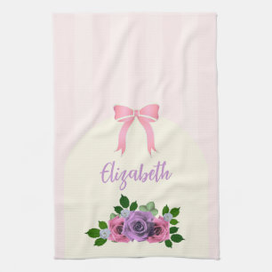 Garden Roses Pink Stripes Tea Towel