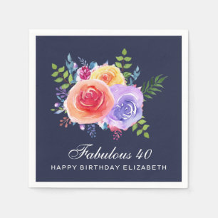 Garden Roses Watercolor Flowers Birthday Napkin