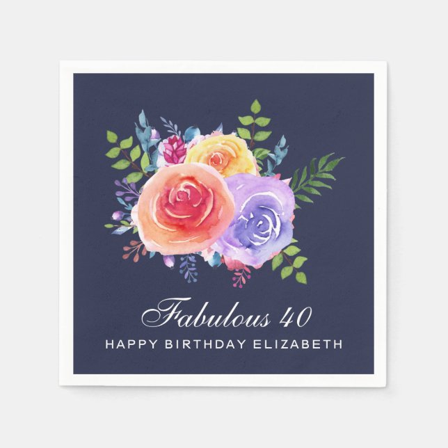 Garden Roses Watercolor Flowers Birthday Napkin (Front)