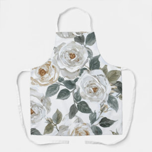 Garden Roses White Watercolor Floral Vintage Apron