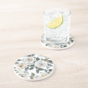 Garden Roses White Watercolor Floral Vintage Coaster