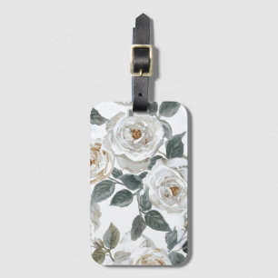 Garden Roses White Watercolor Floral Vintage Luggage Tag