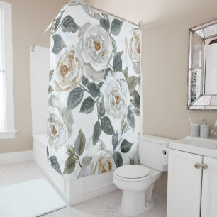 Garden Roses   White Watercolor Floral Vintage Shower Curtain
