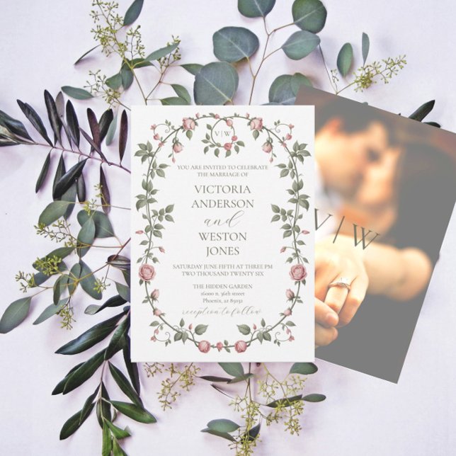 Garden Sage Green Wedding Photo Invitation (Garden Sage Wedding Invitation With Monogram and Photo)