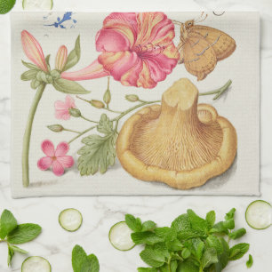 Garden Scene with Flowers, Butterfly and Mushroom Tea Towel