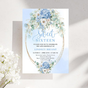 Garden Script Blue Floral Gold Sweet 16 Birthday  Invitation