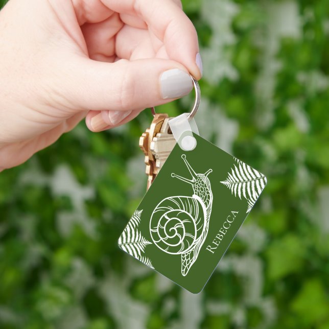 Garden Snail & Ferns Illustration Forest Green Key Ring (Hand)