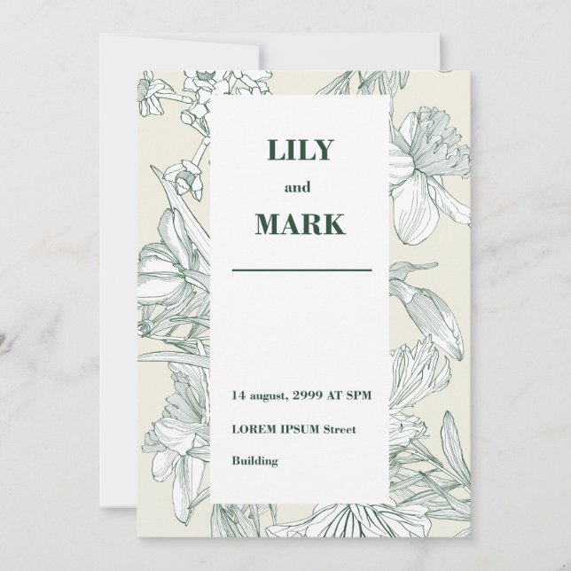Garden spring flowers. Engraved background.  Invitation (Front)