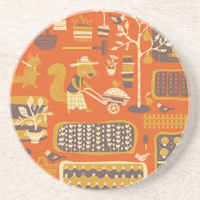 Garden Squirrels: Whimsical Animal Scene Coaster (Front)