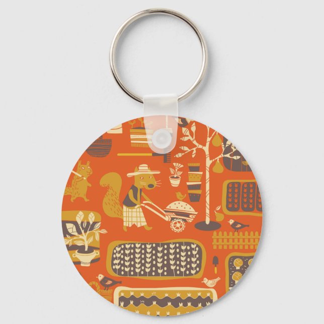 Garden Squirrels: Whimsical Animal Scene Key Ring (Front)