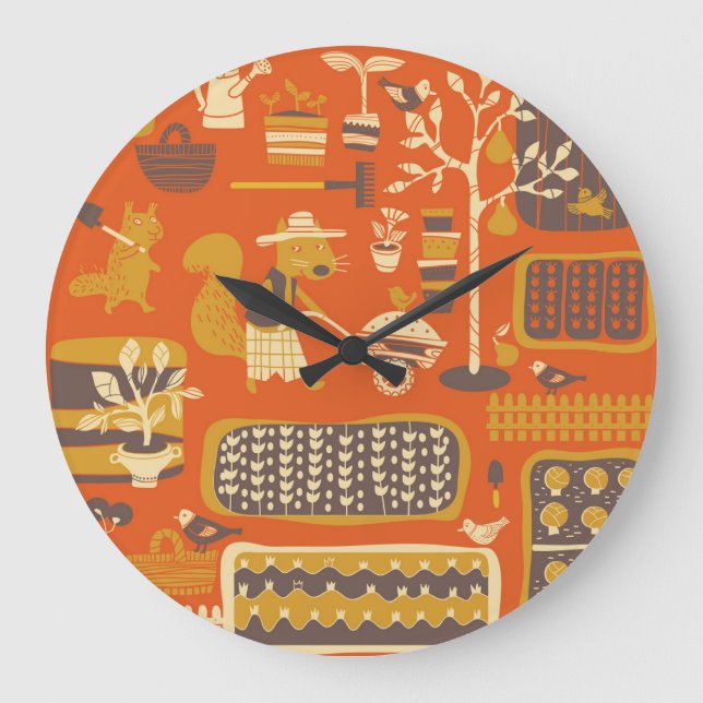 Garden Squirrels: Whimsical Animal Scene Large Clock (Front)