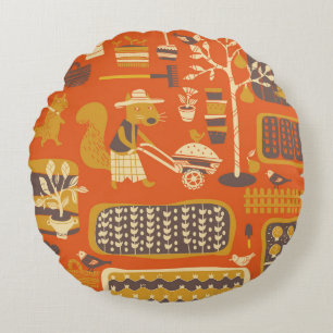 Garden Squirrels: Whimsical Animal Scene Round Cushion