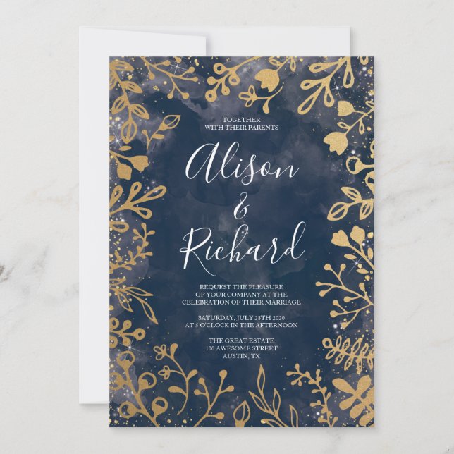 Garden Starry Night Gold and Navy Wedding Invitati Invitation (Front)