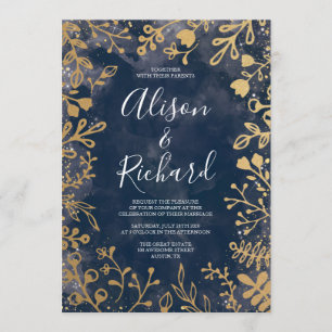 Garden Starry Night Gold and Navy Wedding Invitati Invitation